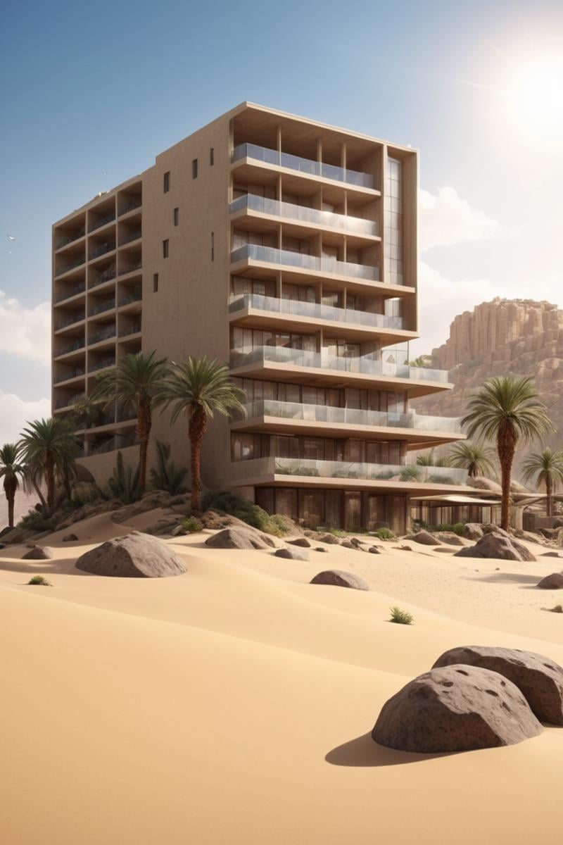 (future city, Shopping malls, department stores, hotels and commercial offices on a rocky coast, in a desert oasis, half buried in the sand:1.3), (avant-garde, future, reality, science fiction, photorealistic), (modern architecture:1.2), (Large Files, Ultra Realistic, 8K, 16k, FHD, HD, VFX, Perfect, Photography, composition, Architecture Sales Photography, Architecture Competition, Ultra High Resolution, Cinematography, High Resolution Image:1.1), (dramatic lighting, direct sunlight, ray tracing, clear shadow:1.2), (real landscape:1.1), (blurred background:1.0), (urban background, more_details), ,horizontal,frames,<lora:EMS-61413-EMS:0.400000>,<lora:EMS-274228-EMS:0.400000>,<lora:EMS-305972-EMS:1.100000>