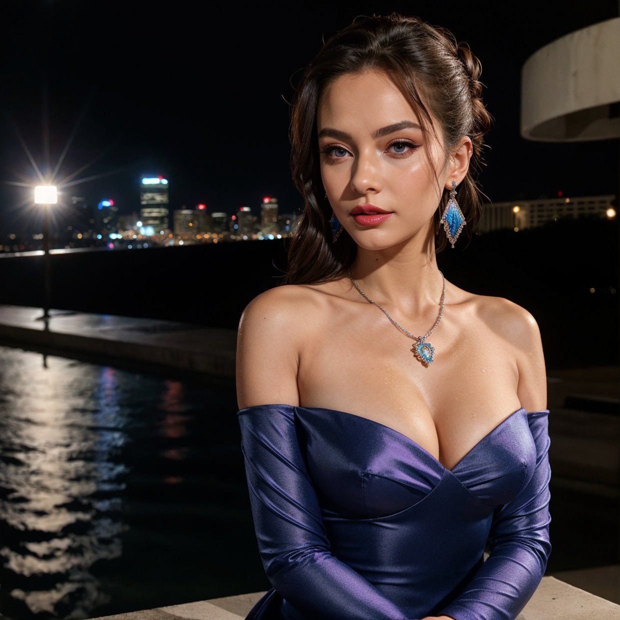 st. louis (luxurious wheels) (azur lane), hair ornament, portrait, silver dress, revealing clothes, necklace, blue nails, cityscape, night, rain, wet, ,(masterpiece:1.4),(best quality:1.4),realistic,fashi-girl,makeup,red lips,looking at viewer, solo,earrings,8k,best quality, masterpiece, purple eyes,beautiful light,background is a supercar,Masterpiece