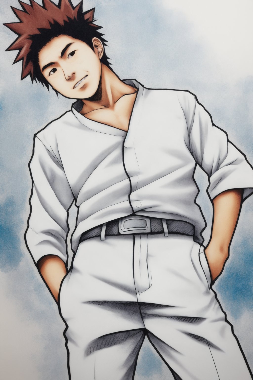 1boy,man,white_shirt,pants,naruto style,More Detail,