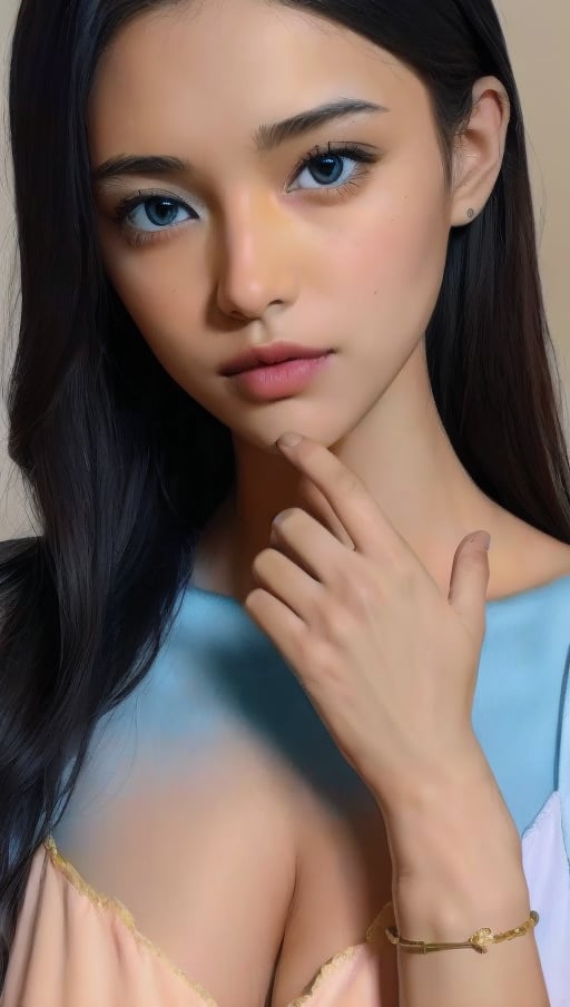 same face girl name aria, full body in frame, round face, Indian bengali girl, Instagram influencer, black long hair, glossy juicy lips,blue eyes cute, kurti, 18-year-old girl, wearing casual clothes, on the sofa at home, cuddling with super cute kitten, very innocent kitten in her hands
