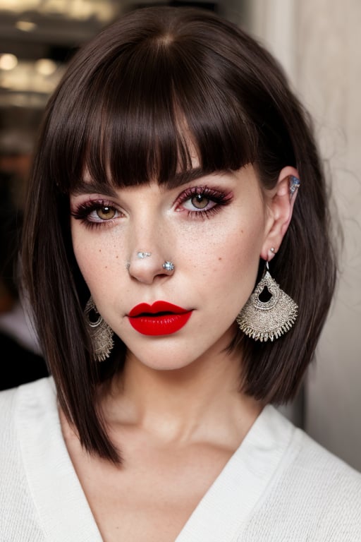 1girl, solo, looking at viewer, short hair, bangs, black hair, jewelry, closed mouth, upper body, earrings, blunt bangs, mole, english text, mole under eye, makeup, lipstick, portrait, eyeshadow, red lips
