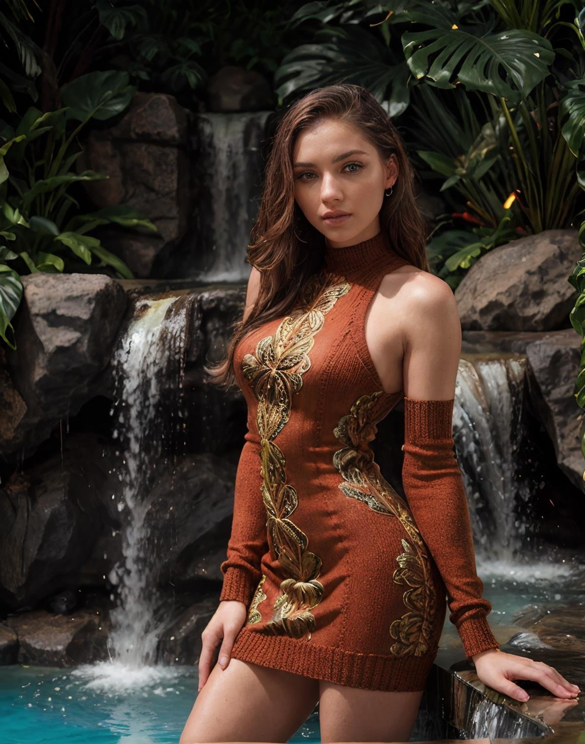 <lora:()Annalynn_Spektre:1> Annalynn_Spektre, Standing in a luxurious pool, (artificial waterfall:1.1), tropical plants. (Wearing a knit Bodycon Dress:1.2). Beautiful expressive eyes, detailed eyes. Beautiful sunny day. Vivid imagery, rich details, clear shadows and highlights, realistic, highly detailed, 35mm photograph, film, professional, highly detailed dynamic lighting, photorealistic, 8k, raw, rich, intricate details, key visual.