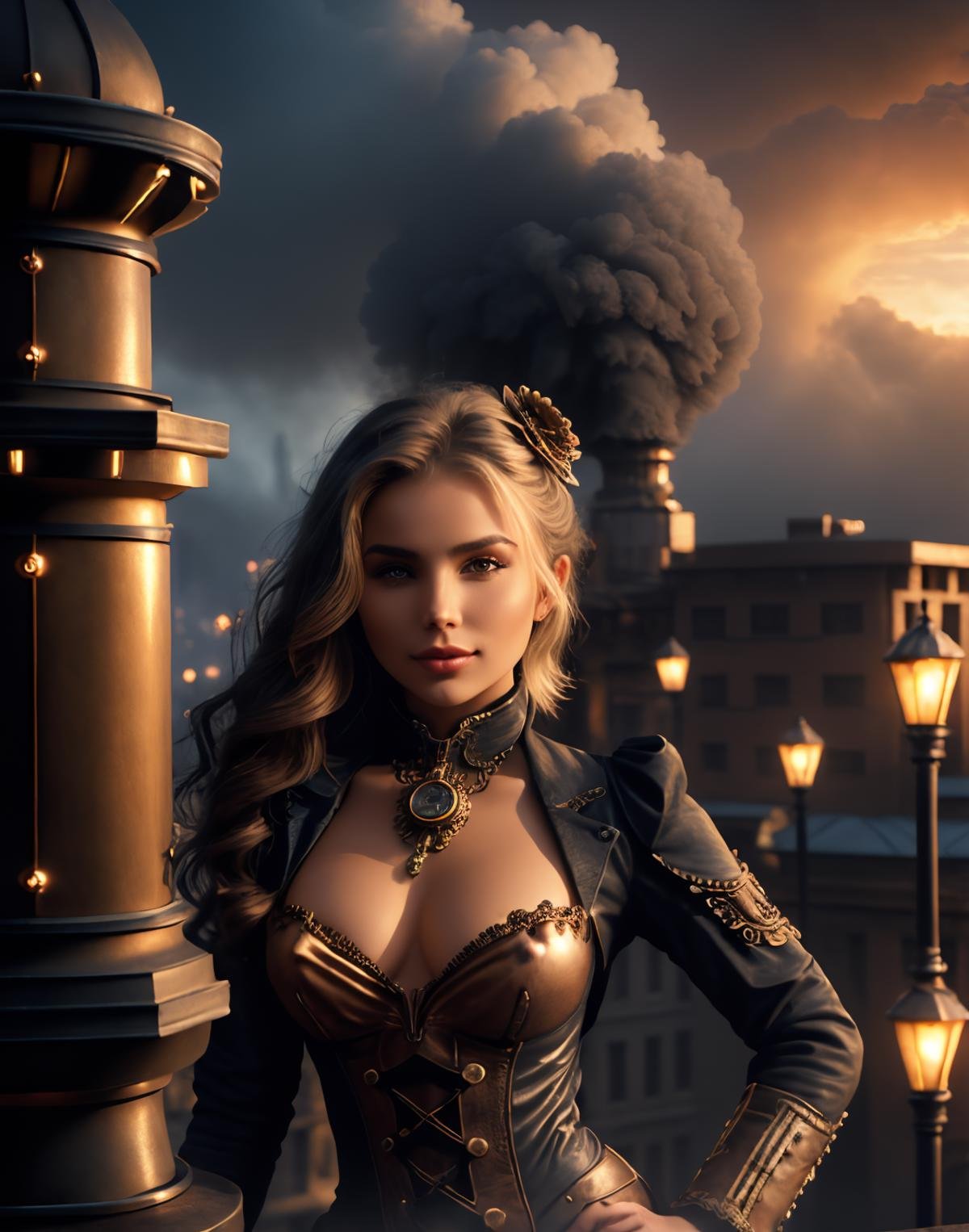 <lora:$ophia_$pektre:1> $ophia_$pektre, Steampunk city, densely populated. Portrait of pretty female. Steampunk attire, adorned with intricate gears and cogs.  A mix of Victorian elegance and mechanical innovation. Standing on the top of a tall building. Vast open view in the background, steam, smoke, smog, clouds, moist. (Masterpiece), (best quality), (detailed), (8k), (cinematic lighting), (sharp focus), (intricate). Hyper detailed, amazing background, highly defined details, 32k UHD, lifelike photo,  vivid colors, photorealistic.