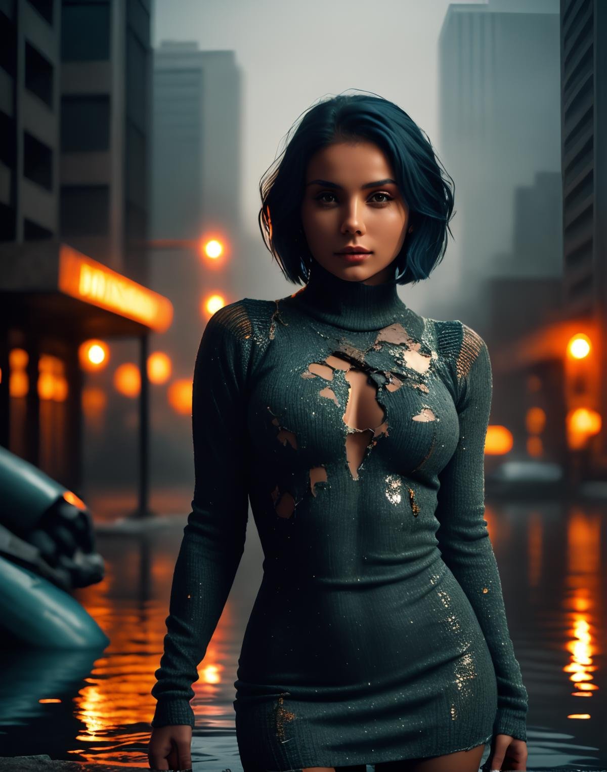 <lora:$ophia_$pektre:1> $ophia_$pektre, Old abandoned  futuristic city. Broken, flooded. 1Female. Scared. Front shot, (wearing a torn dirty knit Bodycon Dress:1.2). Detailed expressive sad eyes. Short bob cut hair covering one eye.  Exquisite detail, Professional photo. 35mm photograph, film, bokeh, professional, dreary, photorealistic, 8k, raw, rich, intricate details, vivid dynamic colors