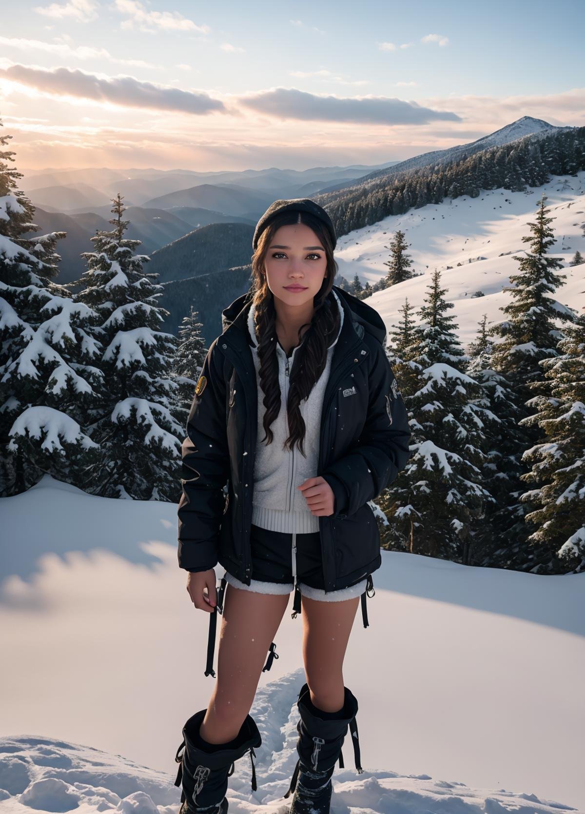 <lora:()Kensie Spektre:1> ken$ie_$pektre,, 1girl, beautiful and sexy, light makeup, in tomb raider style snow gear, standing on the top of a snowy mountain, vast open view in the background, mountains, hills, trees, snow, clouds,  35mm photograph, film, bokeh, professional, 4k, highly detailed dynamic lighting, photorealistic, 8k, raw, rich, intricate details, key visual, vivid colors, detailed eyes