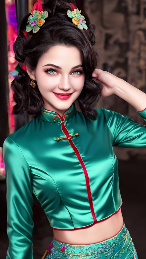 4k,best quality,masterpiece,20yo 1girl,(traditional cheongsam costume, alluring smile, head ornaments 

(Beautiful and detailed eyes),
Detailed face, detailed eyes, double eyelids ,thin face, real hands, muscular fit body, semi visible abs, ((short hair with long locks:1.2)), black hair, black background,


real person, color splash style photo,
