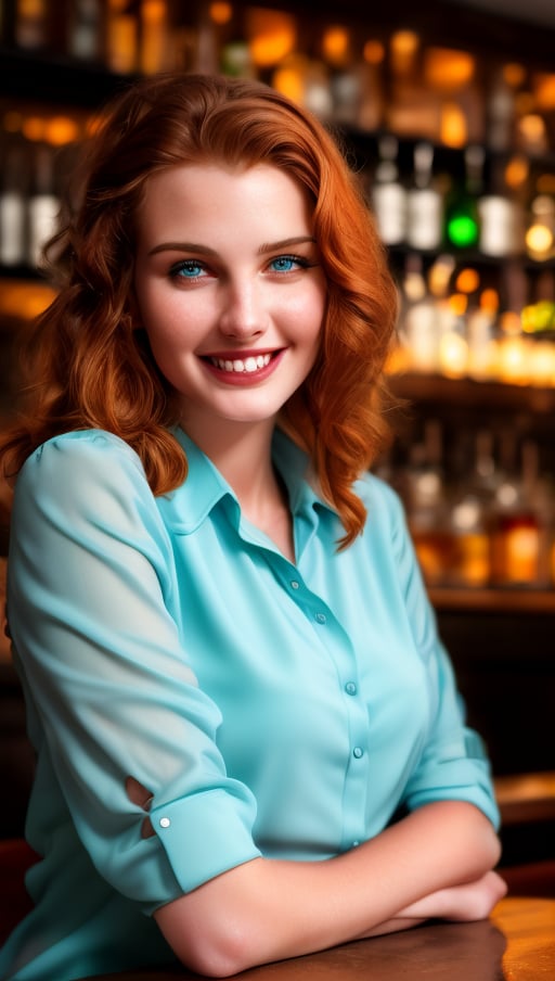 a close up photo of a 23 year old turkey woman in a blouse at a bar, attractive smile, ginger hair, cinematic light, film still, attractive face, very_beautiful_lady, RAW photograph, 