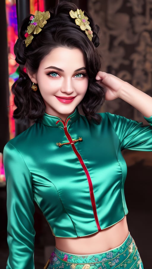 4k,best quality,masterpiece,20yo 1girl,(traditional cheongsam costume, alluring smile, head ornaments 

(Beautiful and detailed eyes),
Detailed face, detailed eyes, double eyelids ,thin face, real hands, muscular fit body, semi visible abs, ((short hair with long locks:1.2)), black hair, black background,


real person, color splash style photo,
