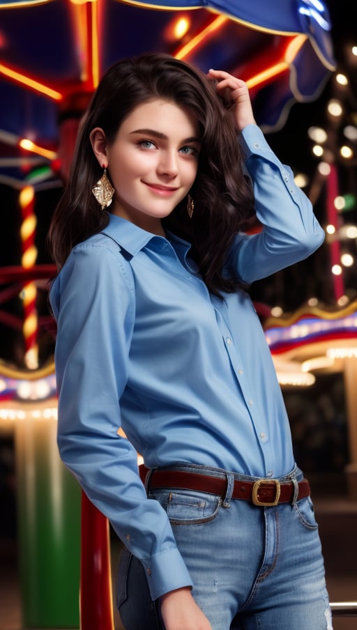 background is amusement park,
18 yo, 1 girl, beautiful korean girl,
wearing white collared long sleeve shirts,short jeans, smile,ride a merry-go-round, solo, {beautiful and detailed eyes}, dark eyes, calm expression, delicate facial features, ((model pose)), Glamor body type, (dark hair:1.2), simple tiny earrings, very_long_hair, hair past hip, bang, straight hair, flim grain, realhands, masterpiece, Best Quality, 16k, photorealistic, ultra-detailed, finely detailed, high resolution, perfect dynamic composition, beautiful detailed eyes, eye smile, ((nervous and embarrassed)), sharp-focus, full_body, cowboy_shot,