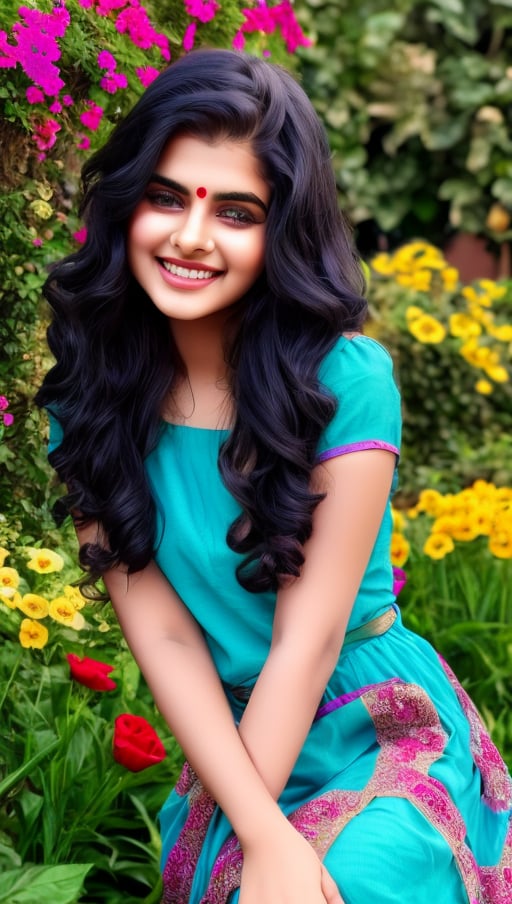 beautiful cute young attractive indian girl, village girl, 20 years old, cute,  Instagram model, long black_hair, colorful hair, smiling, warm, flower garden , blue dress 