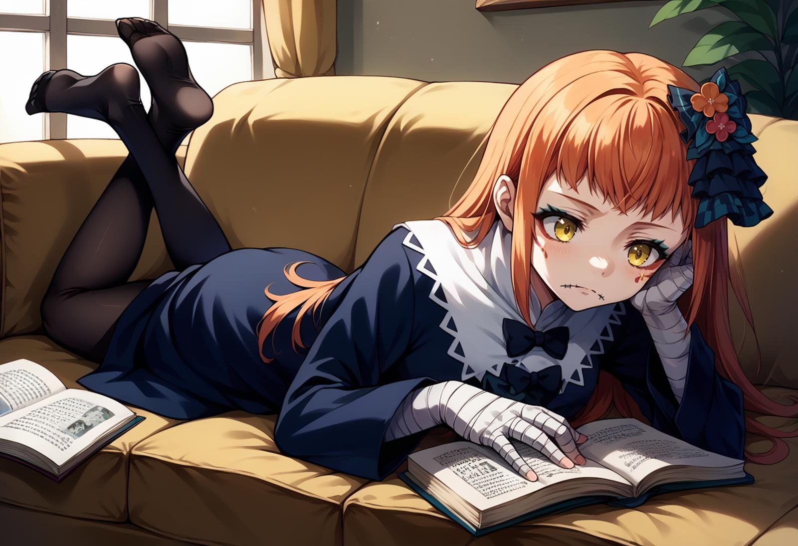 score_9, score_8_up, score_7_up, source_anime, 1girl, lying, on stomach, head rest, reading, open book, BREAK <lora:PanetteFE-pdxl:1> casPanette, long hair, hair bow, makeup, facial mark, stitched mouth, collared dress, long sleeves, bandaged hand, pantyhose, no shoes, indoors, couch