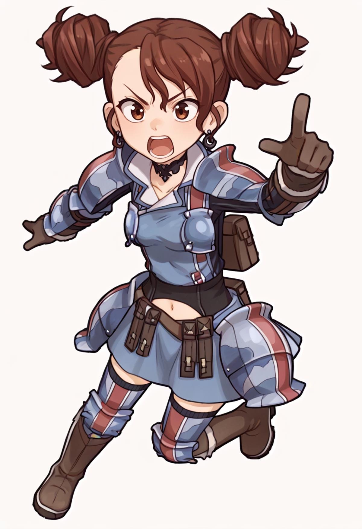 score_9, score_8_up, score_7_up, source_anime, 1girl, chibi, cute, solo, full body, running, shouting, pointing, BREAK <lora:RosieVC-pdxl:1> defRos, double bun, black choker, earrings, blue shirt, blue skirt, armor, chest guard, gloves, navel, thighhighs, boots, white background