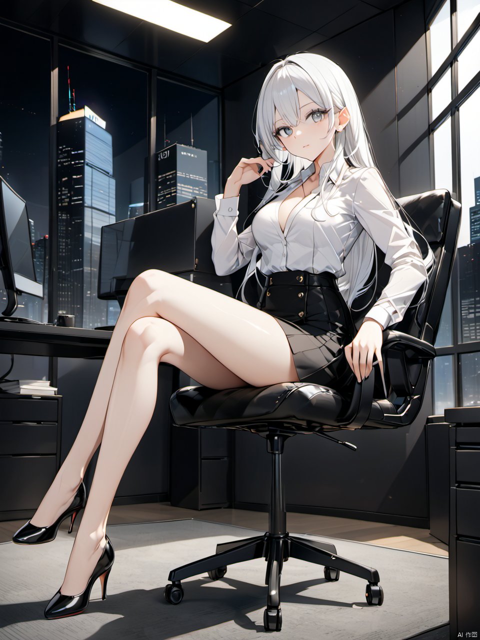  Woman wearing business outfit, formal blazer, white blouse, heels, black high waist business skirt, beautiful, masterpiece, best quality, extremely detailed face, perfect lighting, nice hands, perfect hands, (white hair:1.2), long hair, (grey eyes:1.2), slender build, long legs, thin, medium breasts, business woman, ceo, sitting in luxurious black leather office chair, glass wall with view of nighttime city skyline in background