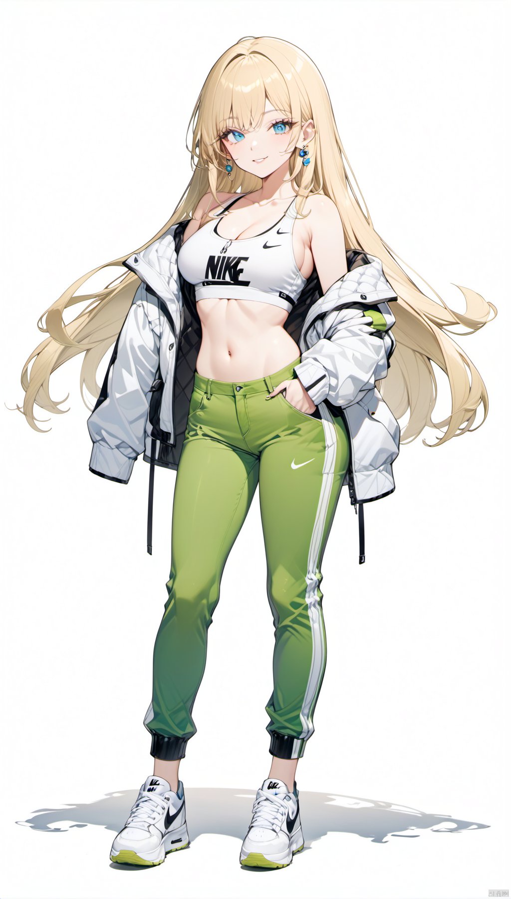  (best quality), ((masterpiece)), (highres), illustration, original, extremely detailed . ooo, 1girl, solo, long hair, breasts, white background, full body, simple background, blonde hair, sneakers, pants, shoes, blue eyes, looking at viewer, navel, white footwear, jewelry, earrings, crop top, off shoulder, midriff, jacket, hands in pockets, bare shoulders, green pants, smile, standing, cleavage, parted lips, open clothes, tank top, medium breasts, collarbone, open jacket, floating hair, nike, white jacket