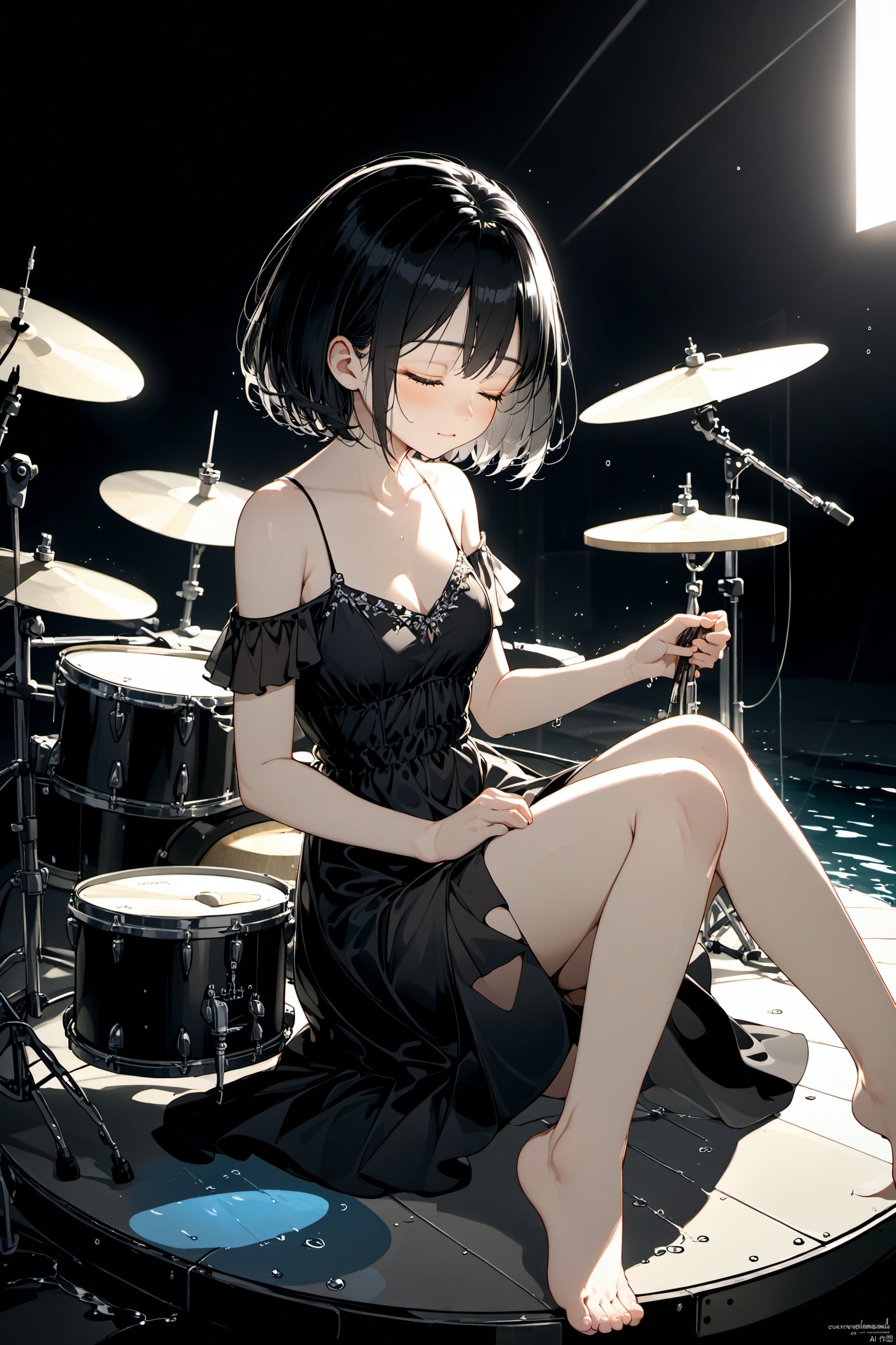  breathtaking girl, solo, short hair, black hair, dress, bare shoulders, sitting, closed eyes, barefoot, water, black dress, drum set, backlight, colors . award-winning, professional, highly detailed