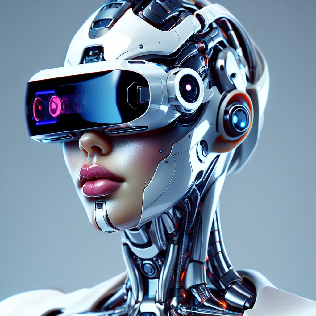 1girl, cyborg woman, solo, simple background, thick lips, looking at viewer , white cyborg, VR glasses, portrait, science fiction, 4k resolution, CY-B