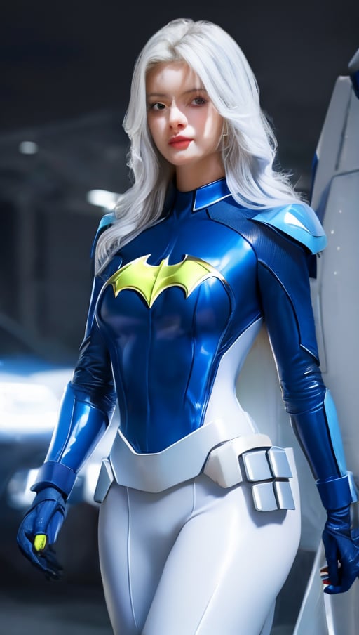 Best picture quality, high resolution, 8k, realistic, sharp focus, realistic image of elegant lady, Korean beauty, supermodel, pure white hair, blue eyes, wearing high-tech cyberpunk style blue Batgirl suit, radiant Glow, sparkling suit, mecha, perfectly customized high-tech suit, ice theme, custom design, 1 girl,swordup, looking at viewer,JeeSoo 