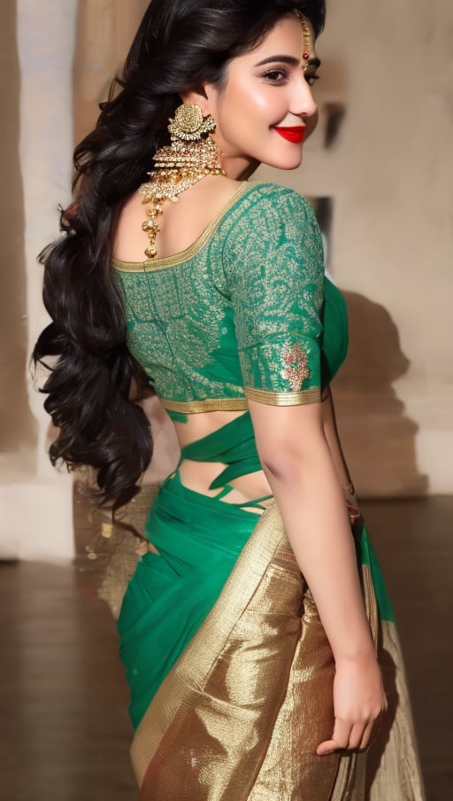 1girl, solo, long hair, looking at viewer, smile, black hair, dress, holding, brown eyes, jewelry, standing, earrings, looking back, from behind, saree, realistic, red lips