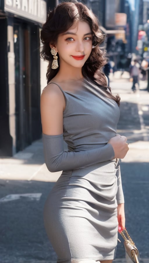 New York City,street,
20 yo, 1 girl, beautiful korean girl,walking,happy smile,
wearing sexy tight dress,black simple dress(strap),shoulder bag,solo, {beautiful and detailed eyes}, dark eyes, calm expression, delicate facial features, ((model pose)), Glamor body type, (dark hair:1.2),hair_past_waist,curly hair,very long hair,simple tiny earrings, flim grain, realhands, masterpiece, Best Quality, 16k, photorealistic, ultra-detailed, finely detailed, high resolution, perfect dynamic composition, beautiful detailed eyes, eye smile, ((nervous and embarrassed)), sharp-focus, full_body, cowboy_shot,