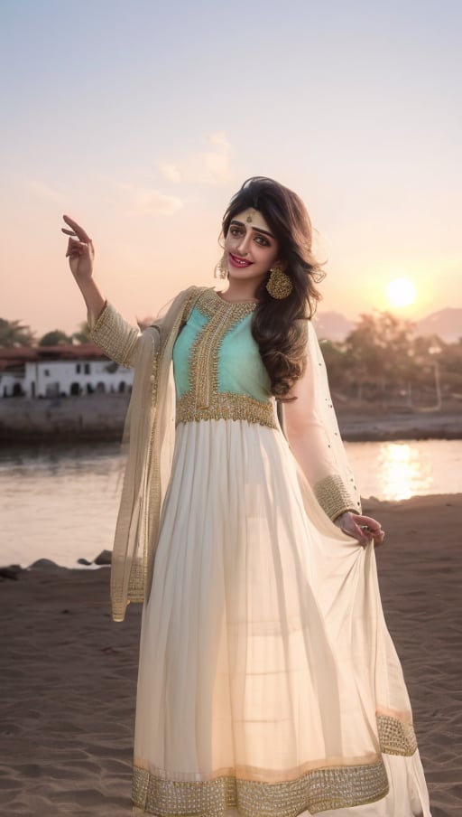 Choose a flowy Anarkali suit in soft pastel hues adorned with delicate embellishments for ethereal beauty,twirl your dupatta against the backdrop of a setting sun, embodying grace and serenity,looking into camera,cute smile,black hair,black eyes