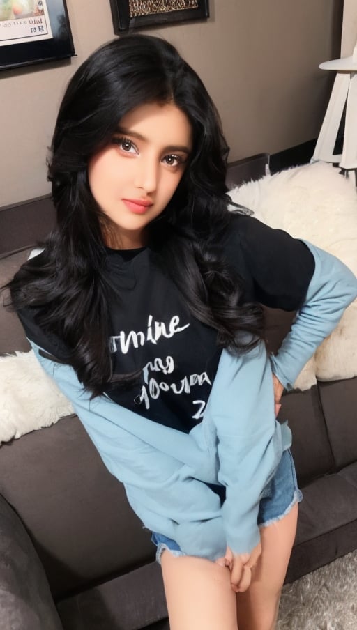 beautiful cute young attractive indian, smart girl, 22 years old, cute, Instagram model , straight standing position, long black_hair, colorful hair, warm, dacing, in home sit at sofa, indian, wearing clothes