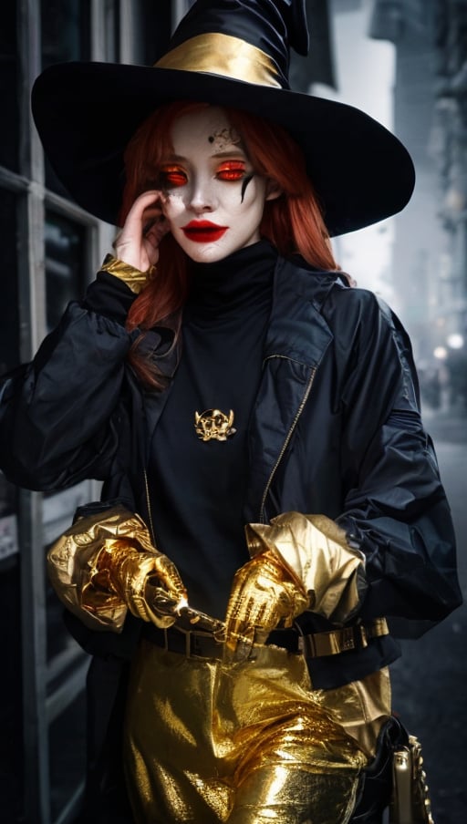 Red eyes, evil, golden, shiny, gold hair,High detailed ,midjourney,perfecteyes,Color magic,urban techwear,hmochako,better witch,witch, witch,Long hair,free style,horror (theme),Insta ,Girl 