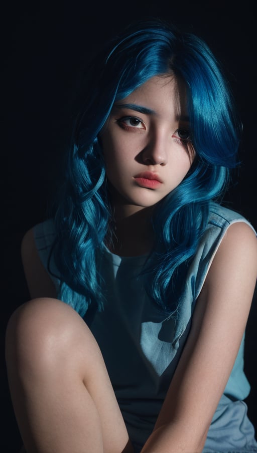 teenage girl, blue hair, dark background, dramatic light