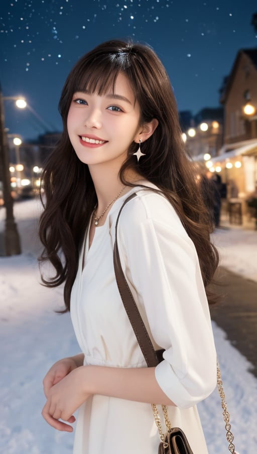 Beautiful and delicate light, (beautiful and delicate eyes), pale skin, big smile, brown eyes, black brown long hair, dreamy, c cup chest, 2000s (style), front shot, Asian girl, bangs, soft expression, height 170, elegance, bright smile, 8k art photo, realistic concept art, realistic, portrait, necklace, small earrings, handbag, fantasy, jewelry, shyness, white_shirt, one piece dress, snowy street, footprints, stars_(sky), night_sky, ,JeeSoo