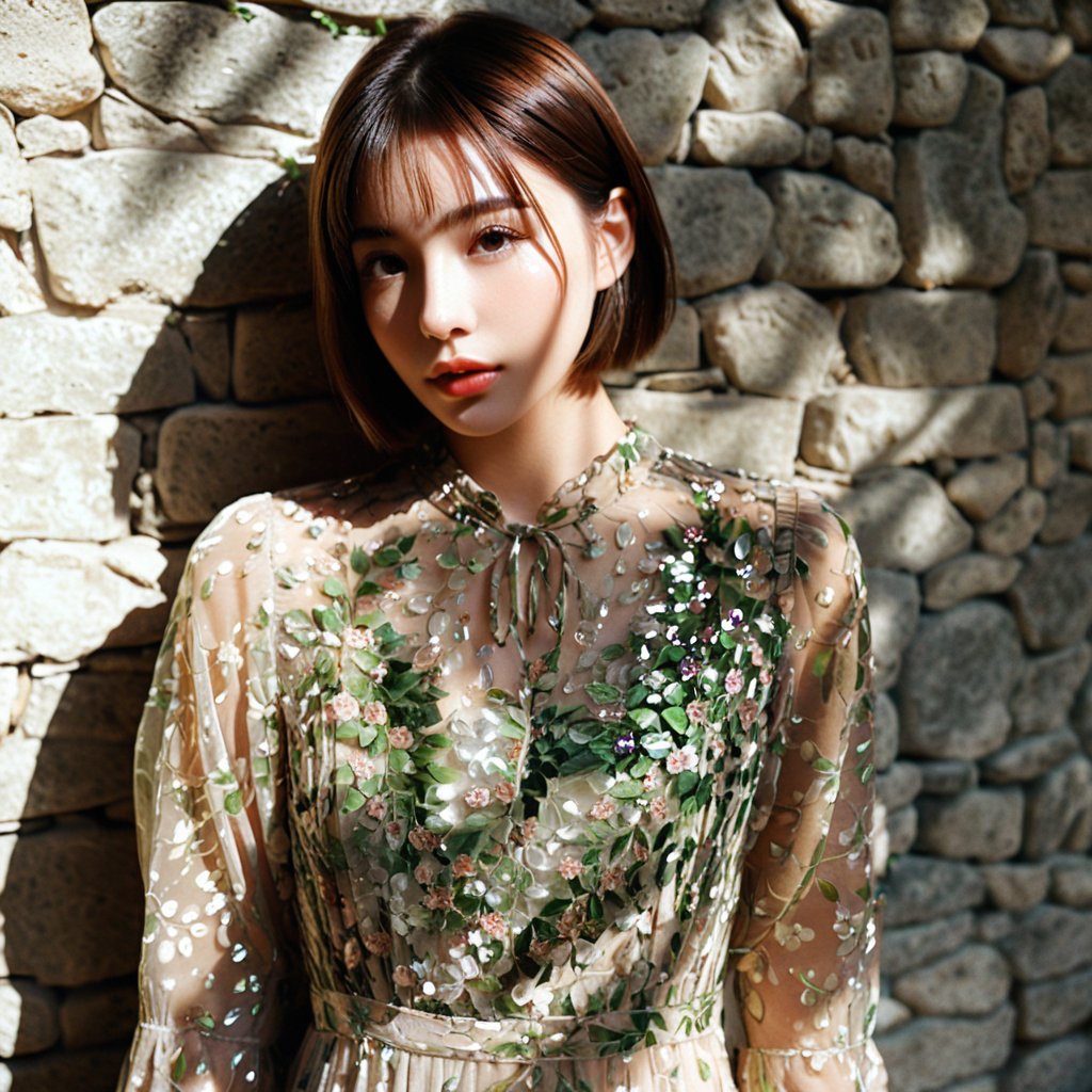 Realistic 16K resolution photography of a girl with short hair and a pretty face, wearing a light floral dress, stands in front of a stone wall, the shadows of the leaves are reflected on her,
break, 
1 girl, Exquisitely perfect symmetric very gorgeous face, Exquisite delicate crystal clear skin, Detailed beautiful delicate eyes, perfect slim body shape, slender and beautiful fingers, nice hands, perfect hands, illuminated by film grain, realistic skin, dramatic lighting, soft lighting, exaggerated perspective of ((fisheye lens depth)),