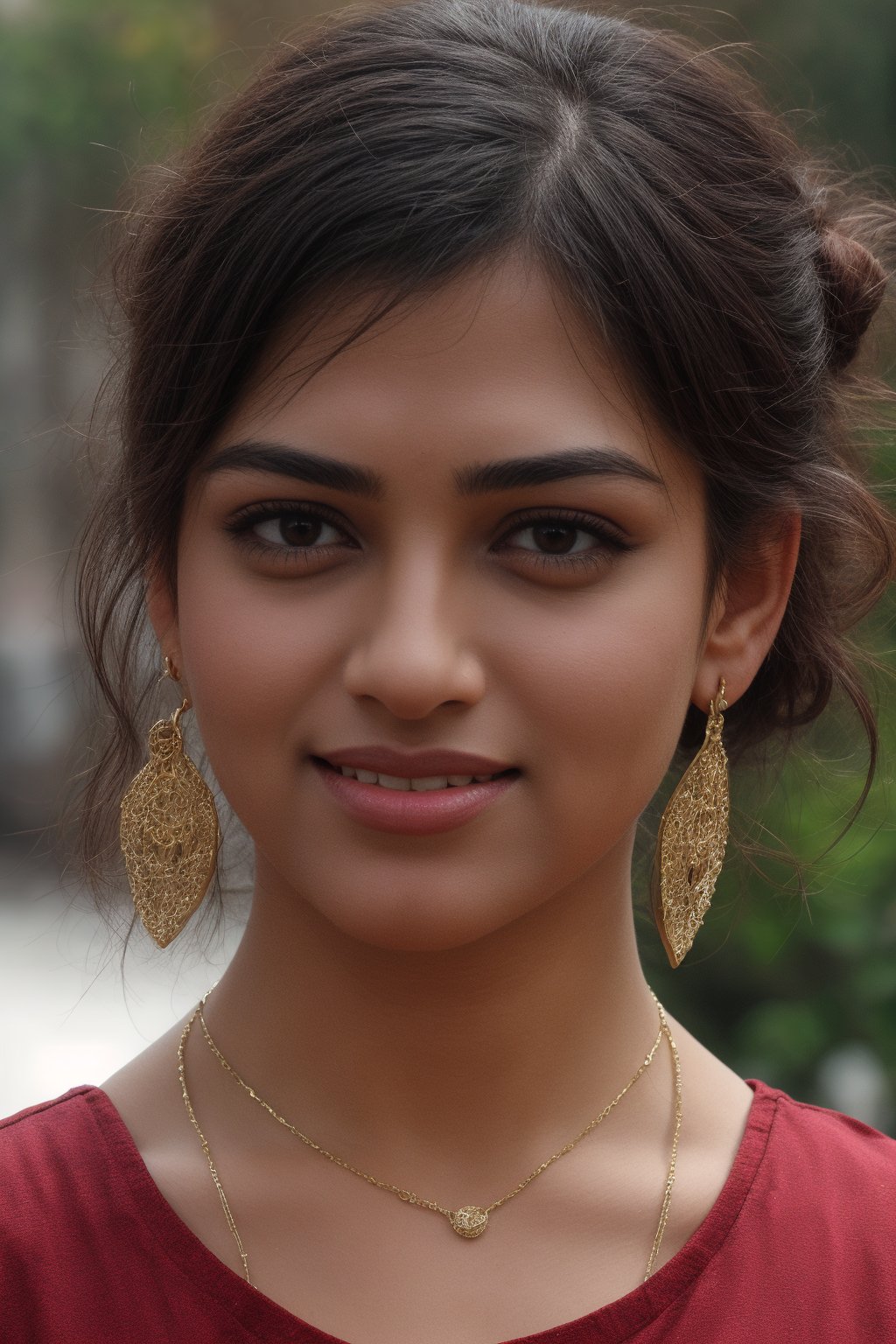1girl, solo, looking at viewer, single bun, smile, short hair, black hair, jewelry, Big long earrings, necklace, black eyes, portrait, realistic, Tamil actress, ,kushboo