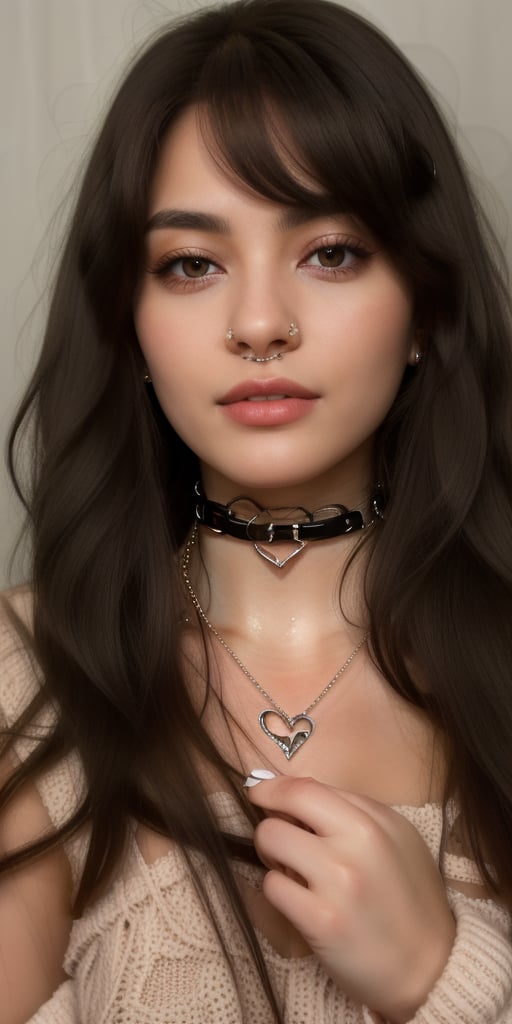 1girl, solo, black nails, jewelry, necklace, piercing, realistic, black eyes, fingernails, choker, looking at viewer, nose ring, portrait, long hair, nail polish, long fingernails, nose piercing, lips