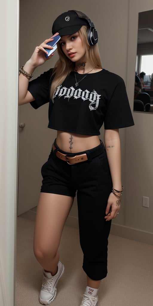 1girl, phone, solo, selfie, gloves, hat, headphones, fingerless gloves, cellphone, long hair, holding phone, mirror, blonde hair, shirt, smartphone, midriff, holding, navel, cropped shirt, crop top, black shirt, black headwear, baseball cap, tattoo, realistic, reflection, clothes writing, jewelry, shorts, belt, pants, asymmetrical clothes, cowboy shot, bracelet, short sleeves, t-shirt, single fingerless glove, asian, egirl