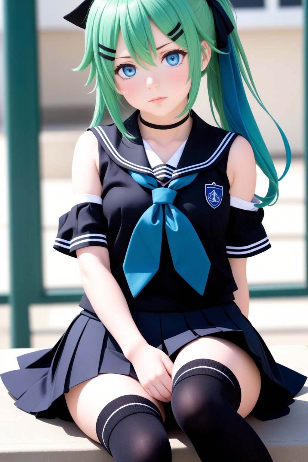 1girl, solo, long hair, looking at viewer, blush, blue eyes, skirt, hair ornament, thighhighs, ribbon, hair between eyes, sitting, school uniform, hair ribbon, ponytail, pleated skirt, detached sleeves, green hair, serafuku, hairclip, black thighhighs, black skirt, neckerchief, black ribbon, wariza, black serafuku, blue neckerchief
