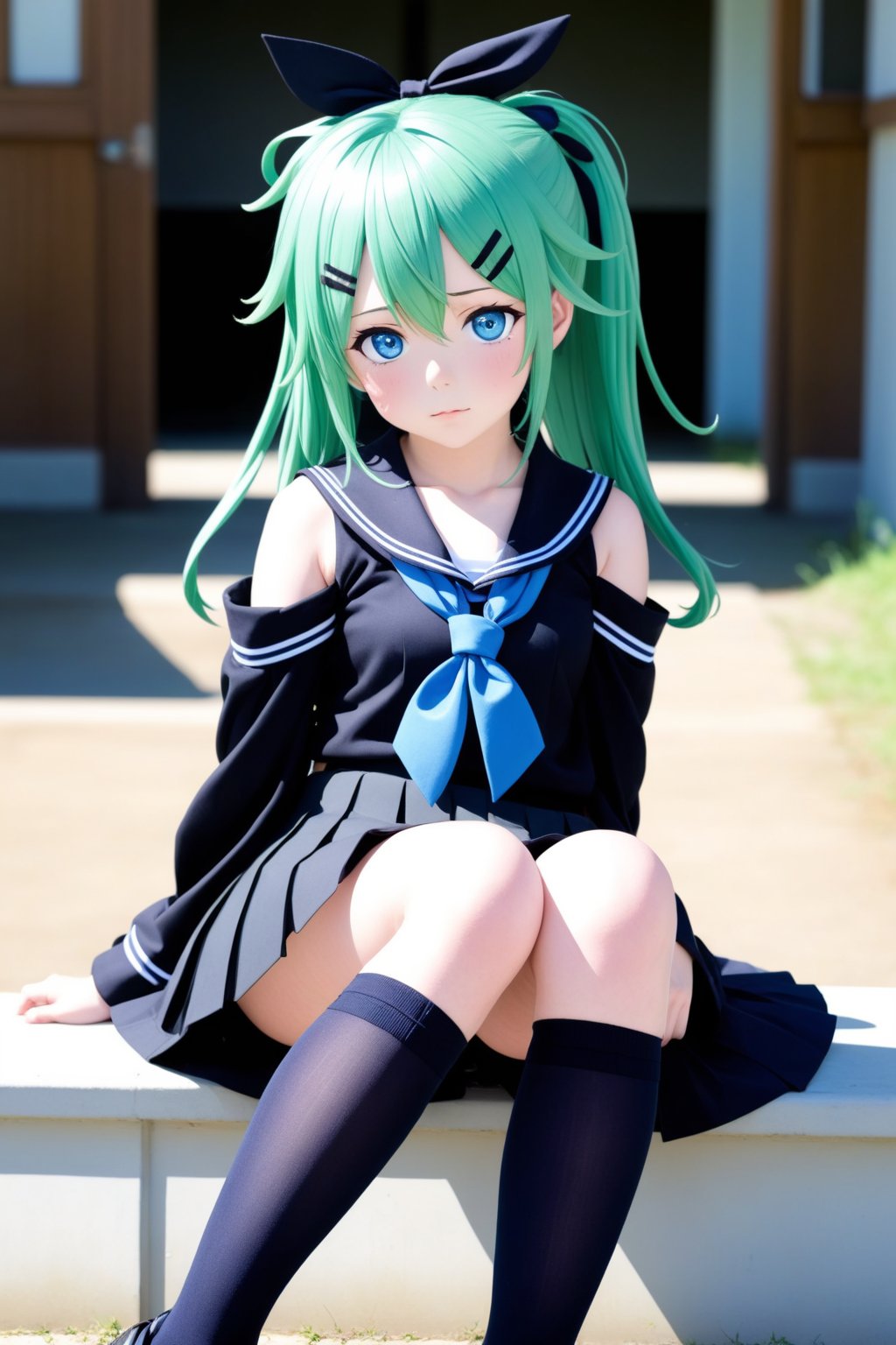 1girl, solo, long hair, looking at viewer, blush, blue eyes, skirt, hair ornament, thighhighs, ribbon, hair between eyes, sitting, school uniform, hair ribbon, ponytail, pleated skirt, detached sleeves, green hair, serafuku, hairclip, black thighhighs, black skirt, neckerchief, black ribbon, wariza, black serafuku, blue neckerchief
