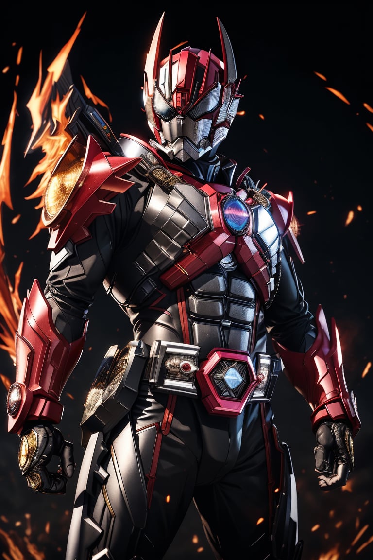 In a dynamic medium shot (1.3), the solo figure of kamen rider stands out against a dark background with a wide-angle lens. He wears a suit of armor adorned with gold accents, his helmet gleaming in high contrast to his black attire. In a powerful action pose, he gazes directly at the viewer (1.3) with an intense expression, his eyes burning with a fiery passion. The ultra-detailed 8K masterclass image is rendered with sharp focus, showcasing every detail of this tokusatsu hero's heroic stance., valvarad