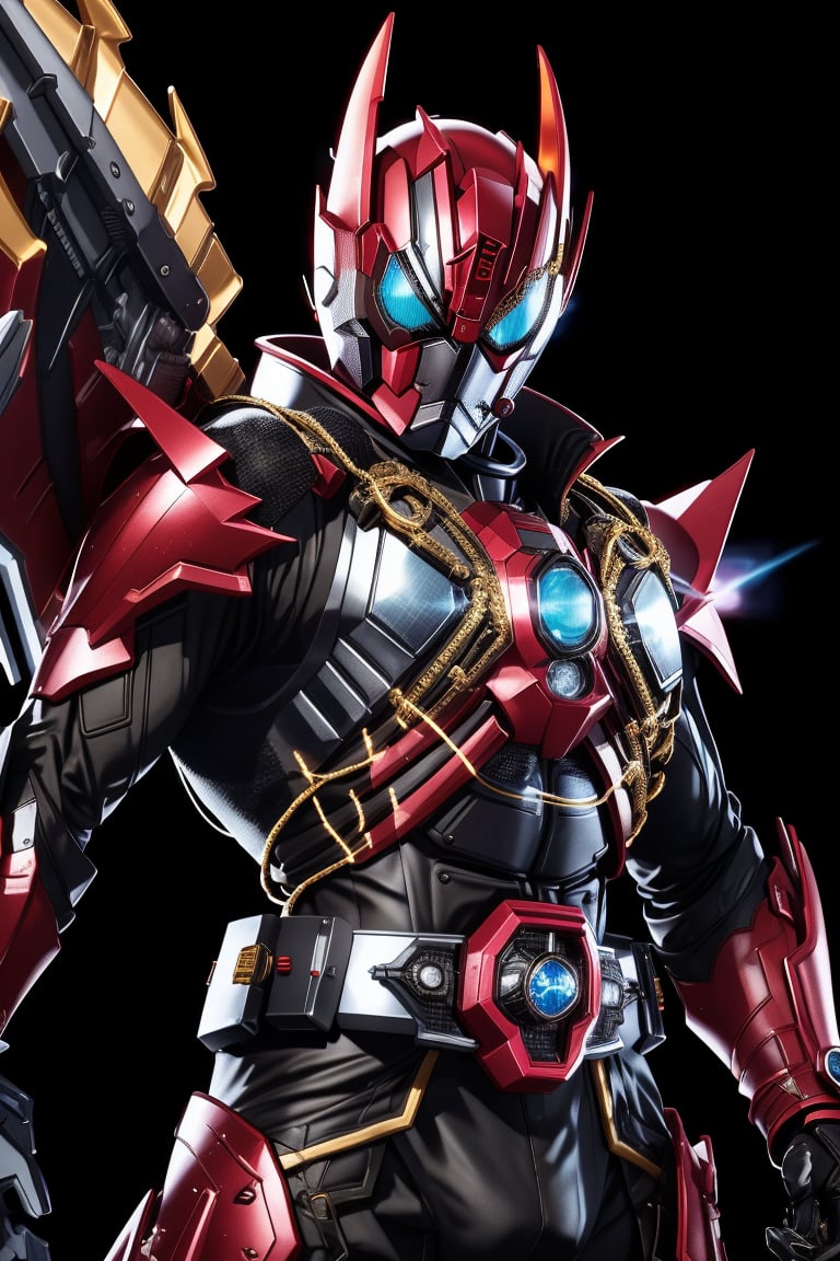 In a dynamic medium shot (1.3), the solo figure of kamen rider stands out against a dark background with a wide-angle lens. He wears a suit of armor adorned with gold accents, his helmet gleaming in high contrast to his black attire. In a powerful action pose, he gazes directly at the viewer (1.3) with an intense expression, his eyes burning with a fiery passion. The ultra-detailed 8K masterclass image is rendered with sharp focus, showcasing every detail of this tokusatsu hero's heroic stance., valvarad