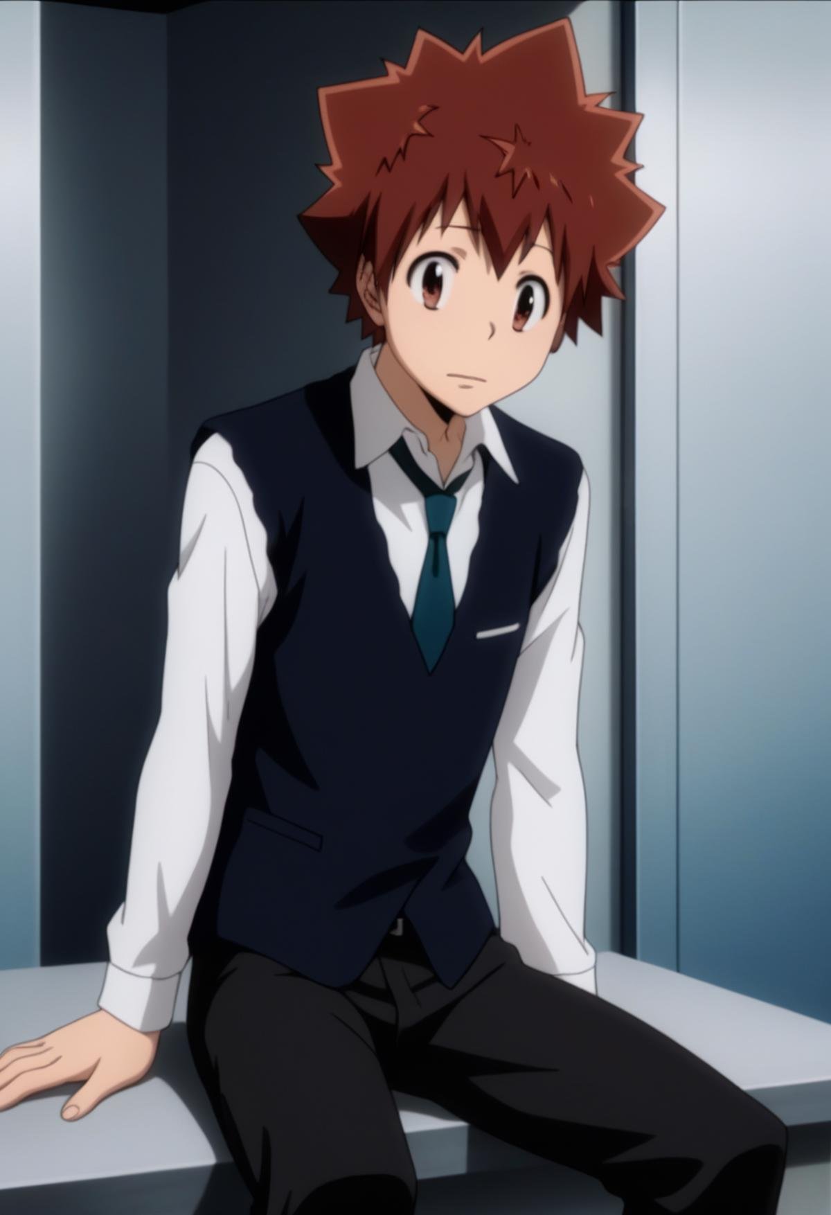 score_9, score_8_up, score_7_up, score_6_up, highly detailed, masterpiece, best quality,detailed,intricate details, amazing quality, best aesthetic, absurdres, tsunayoshi sawada, brown hair, brown eyes, white shirt, black pants, black vest, 1boy, solo, male focus, necktie, school uniform<lora:EMS-391553-EMS:1.000000>