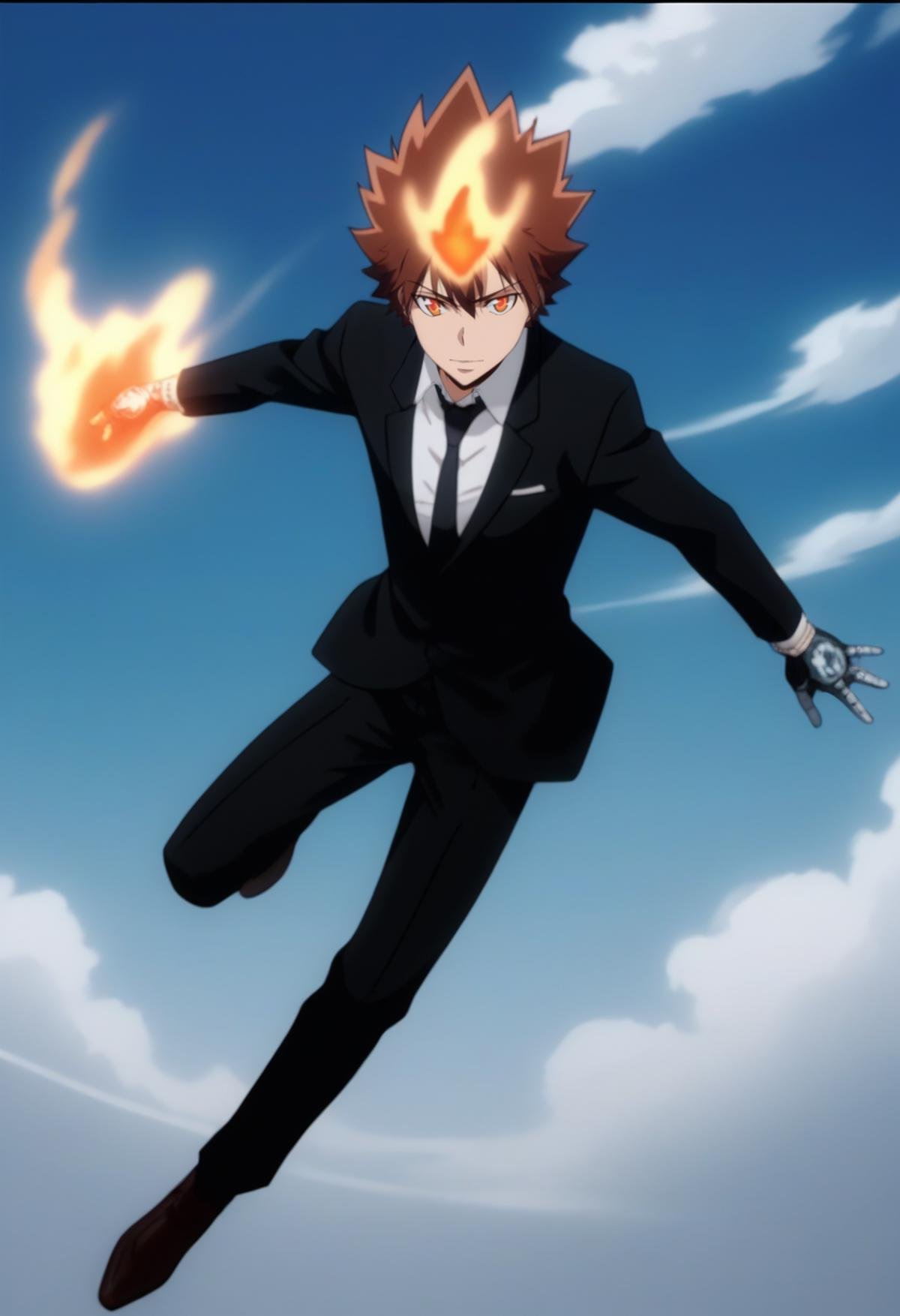 score_9, score_8_up, score_7_up, score_6_up, highly detailed, masterpiece, best quality,detailed,intricate details, amazing quality, best aesthetic, absurdres, tsuna_hyper, brown hair, orange eyes, flame on head, flame on hands, 1boy, male focus, necktie, formal, suit, solo, black necktie, fire, pants, collared shirt, white shirt, fire propulsuion, flying, gloves, hands down<lora:EMS-391553-EMS:1.000000>