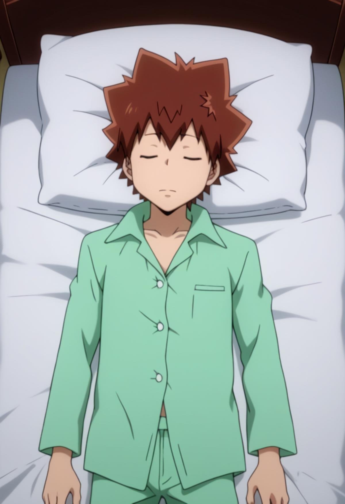 score_9, score_8_up, score_7_up, score_6_up, highly detailed, masterpiece, best quality,detailed,intricate details, amazing quality, best aesthetic, absurdres, tsunayoshi sawada, brown hair, brown eyes, pajamas, green jacket, green pants, 1boy, sleeping<lora:EMS-391553-EMS:1.000000>