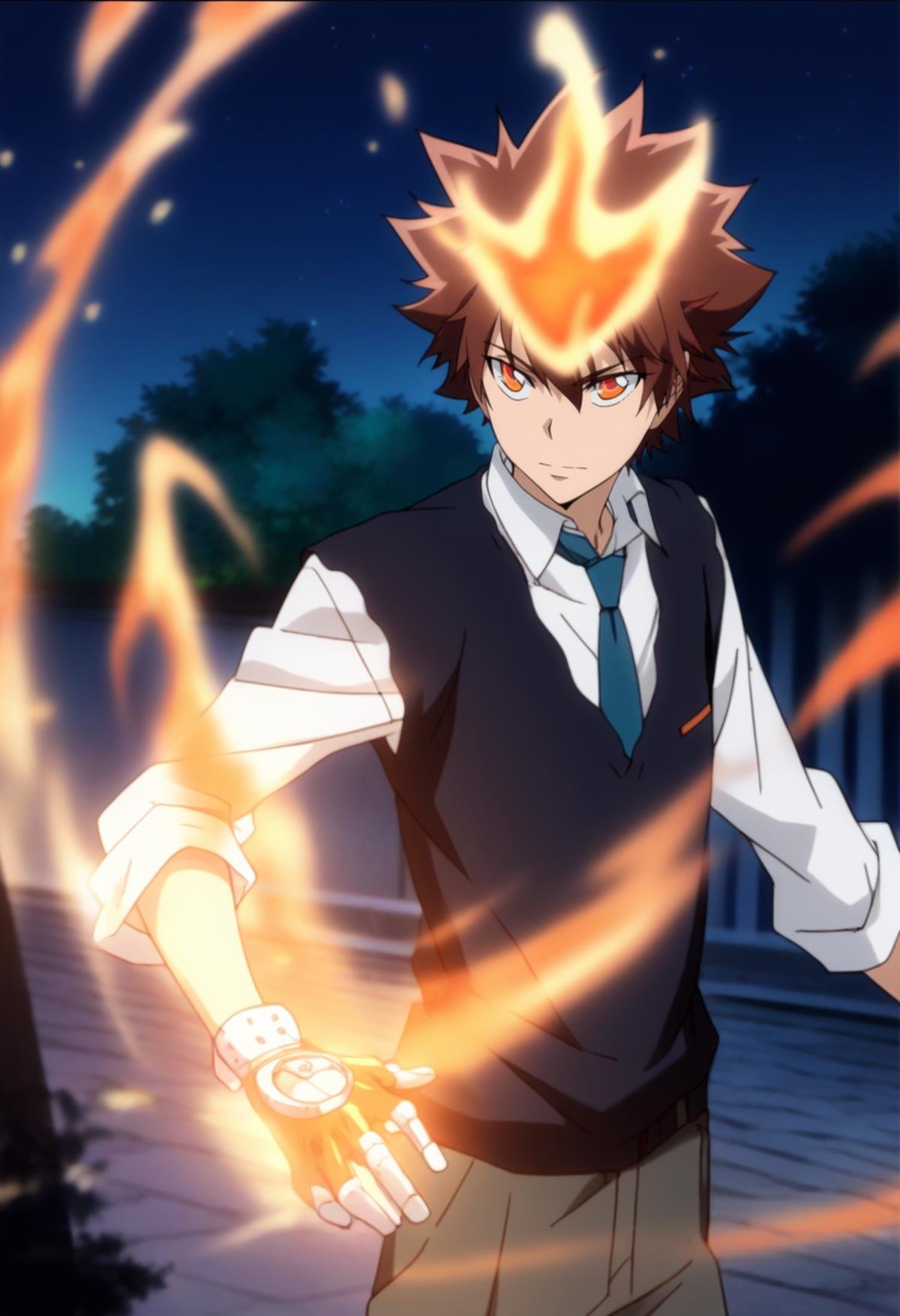 score_9, score_8_up, score_7_up, score_6_up, highly detailed, masterpiece, best quality,detailed,intricate details, amazing quality, best aesthetic, absurdres, tsuna_hyper, brown hair, orange eyes, flame on head, flame on hands, 1boy, male focus, solo, blue necktie, necktie, black vest, night, gloves, fire<lora:EMS-391553-EMS:1.000000>