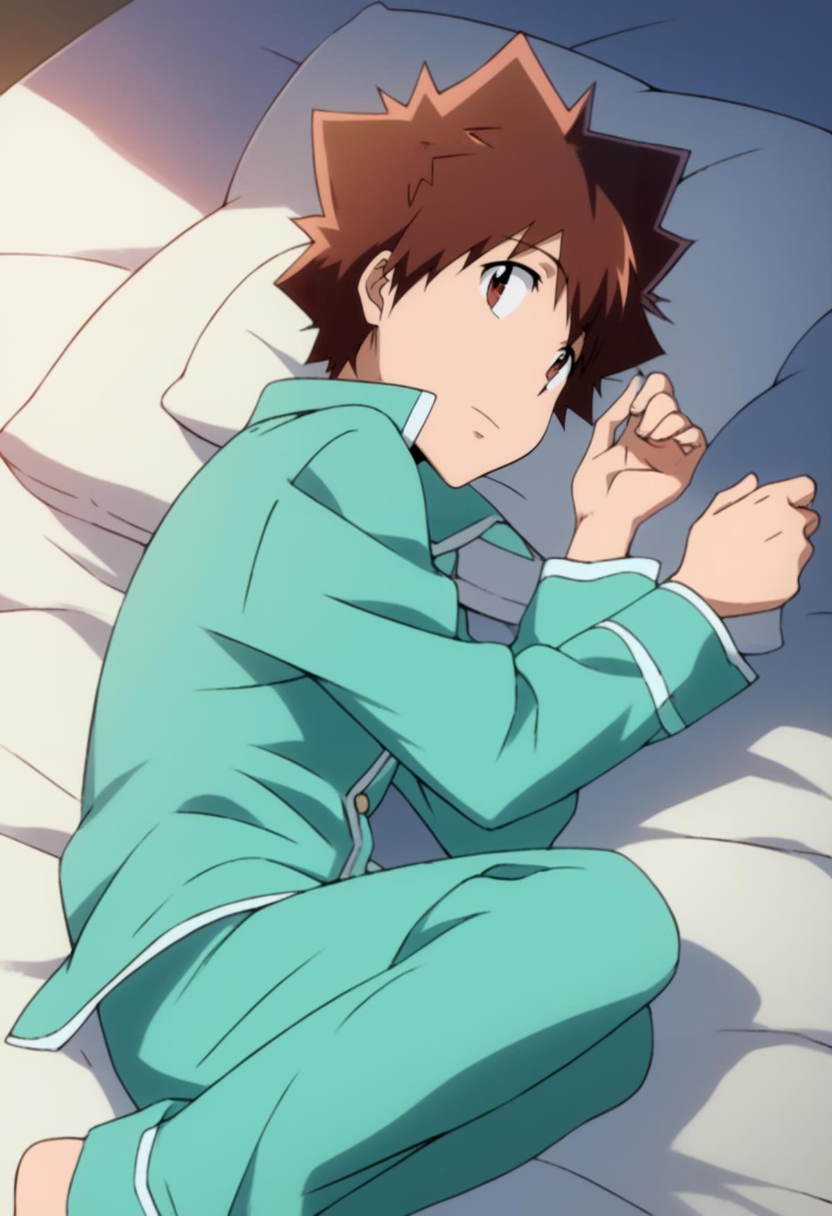 score_9, score_8_up, score_7_up, score_6_up, highly detailed, masterpiece, best quality,detailed,intricate details, amazing quality, best aesthetic, absurdres, tsunayoshi sawada, brown hair, brown eyes, pajamas, green jacket, green pants, 1boy, sleeping<lora:EMS-391553-EMS:1.000000>