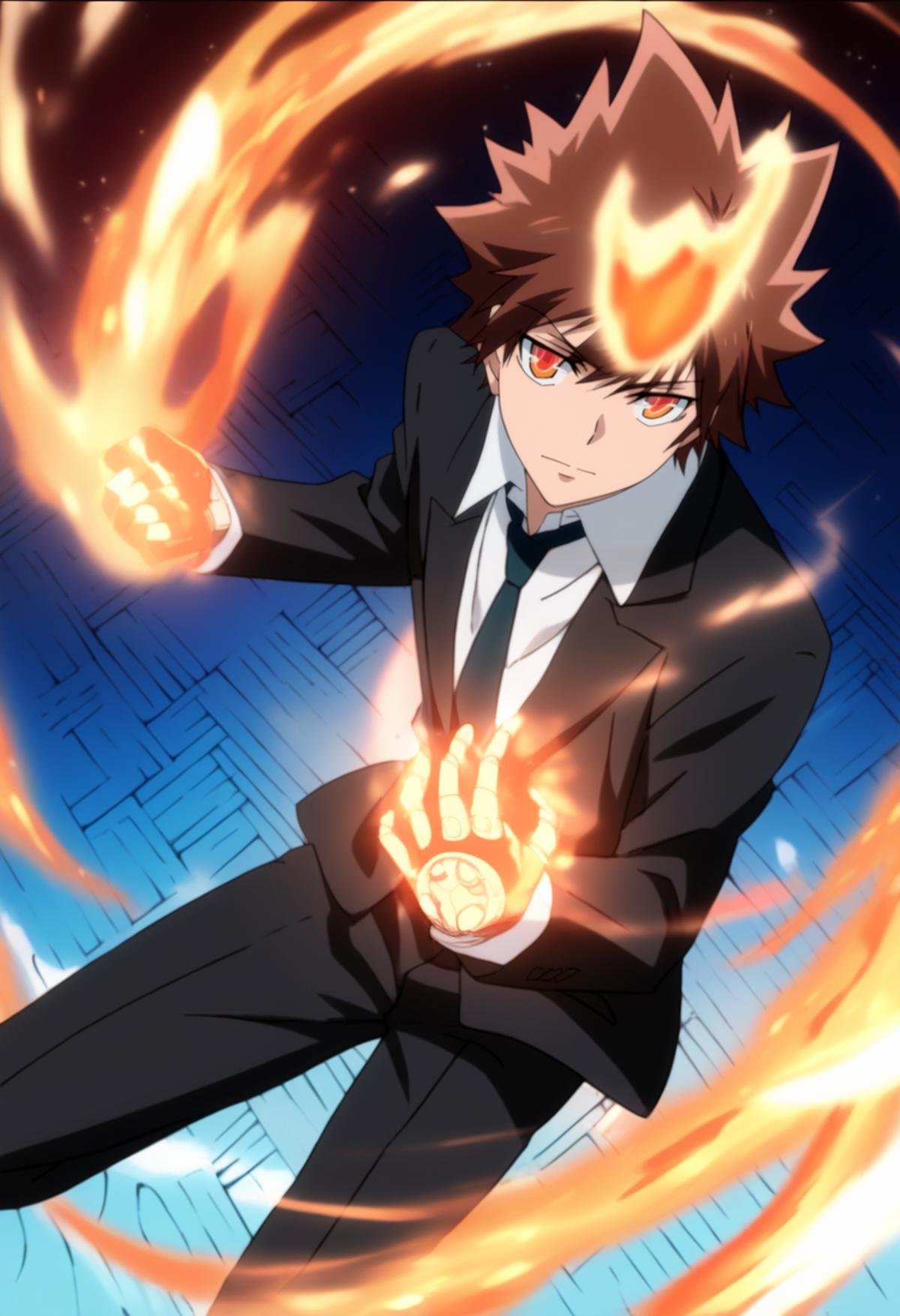 score_9, score_8_up, score_7_up, score_6_up, highly detailed, masterpiece, best quality,detailed,intricate details, amazing quality, best aesthetic, absurdres, tsuna_hyper, brown hair, orange eyes, flame on head,, 1boy, male focus, necktie, formal, suit, solo, black necktie, pants, collared shirt, white shirt, fire background, flame on hands<lora:EMS-391553-EMS:1.000000>