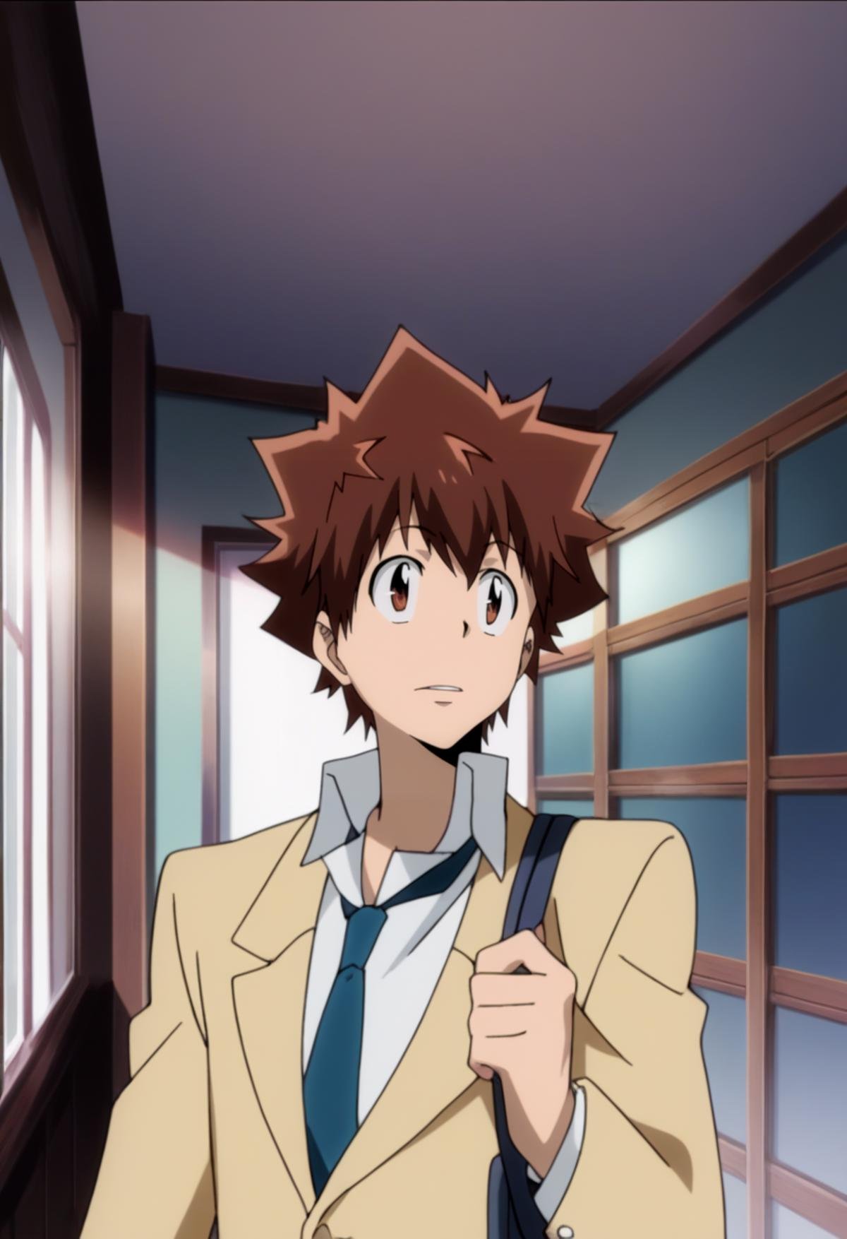 score_9, score_8_up, score_7_up, score_6_up, highly detailed, masterpiece, best quality,detailed,intricate details, amazing quality, best aesthetic, absurdres, tsunayoshi sawada, brown hair, brown eyes, brown jacket, white shirt, blue necktie, black pants, 1boy, male focus, solo, school uniform<lora:EMS-391553-EMS:1.000000>