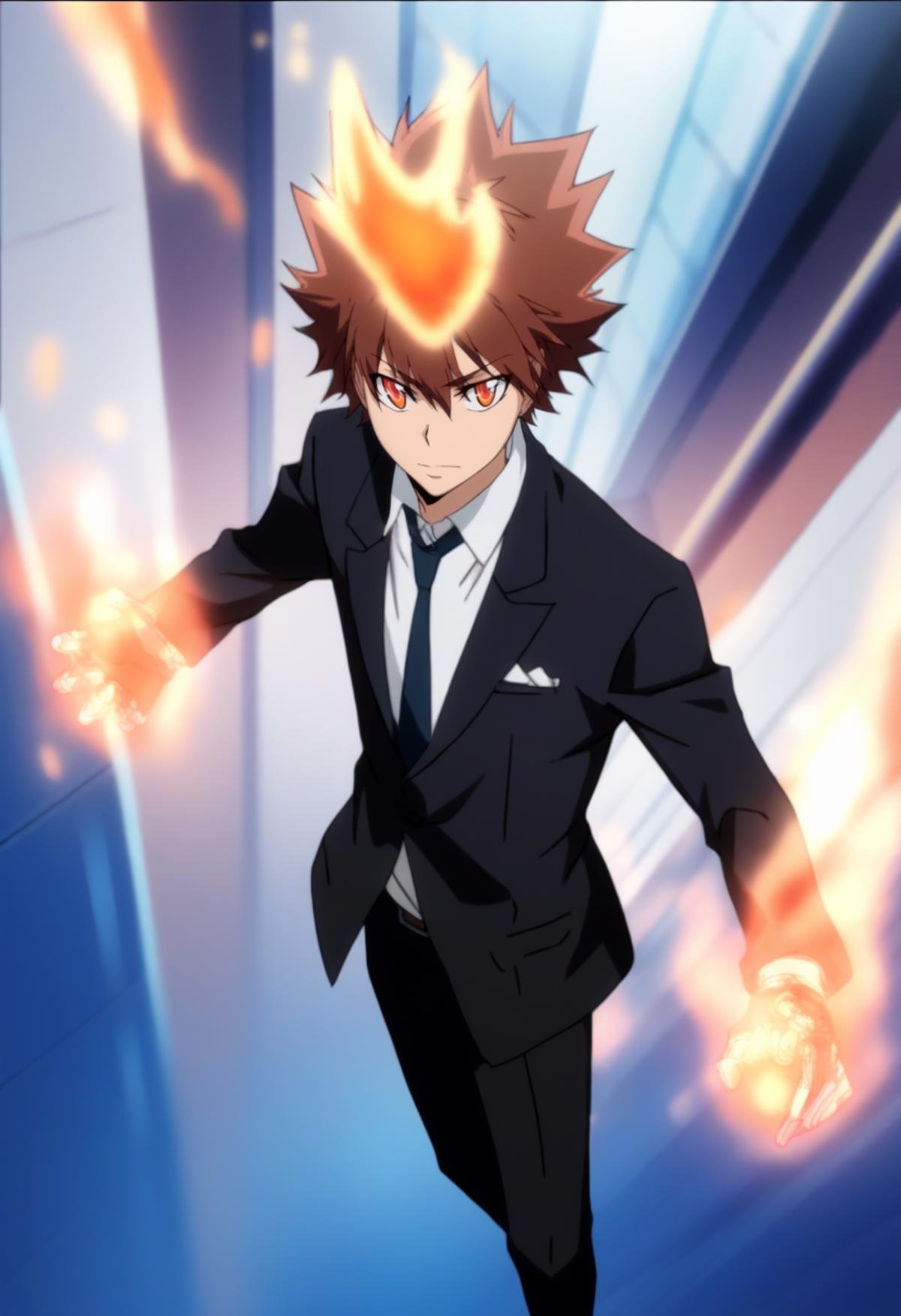 score_9, score_8_up, score_7_up, score_6_up, highly detailed, masterpiece, best quality,detailed,intricate details, amazing quality, best aesthetic, absurdres, tsuna_hyper, brown hair, orange eyes, flame on head, flame on hands, 1boy, male focus, necktie, formal, suit, solo, black necktie, fire, pants, collared shirt, white shirt, fire propulsuion, flying, gloves, hands down<lora:EMS-391553-EMS:1.000000>