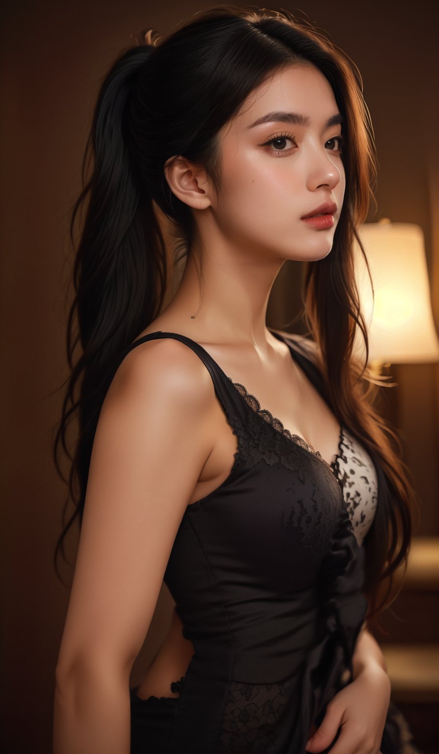 ((Generate hyper realisticimage of a stunning  20 year old girl,)) rich intrincate detailed, black lace dress, long dark hair in a ponytail, meaningful colors,16k resolution, masterpiece, highly complex setting,dynamic lighting, breathtaking, lovely photography style, Extremely Realistic,