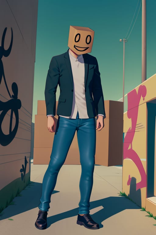 carton man, Carton sleeve head, ((There is graffiti on the carton: smiley face)),cover face, solo, shirt, long sleeves, 1boy,hand knife run, jacket, full body, white shirt, male focus, shoes, pants, black jacet, arms at sides, blue pants, 
(Outdoors, city, sky background),best quality