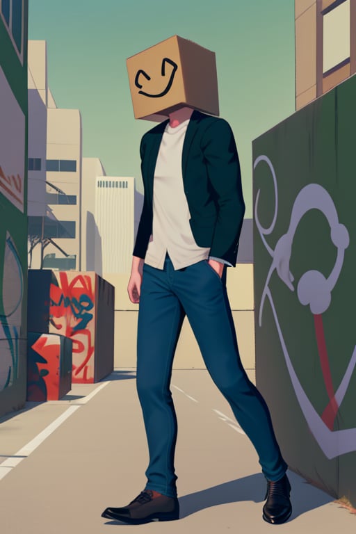 carton man, Carton sleeve head, ((There is graffiti on the carton: smiley face)),cover face, solo, shirt, long sleeves, 1boy,hand knife run, jacket, white shirt, male focus, shoes, pants, black jacet, arms at sides, blue pants, 
(Outdoors, city, sky background),best quality