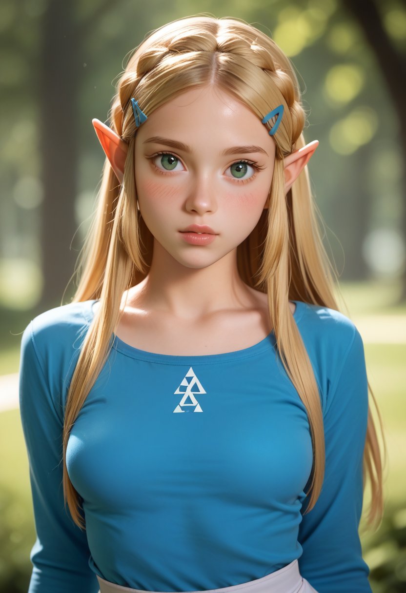 score_9, score_8_up, score_8, medium breasts, (ultra realistic,32k, masterpiece:1.2),(high detailed skin:1.1),( high quality:1.1), (curvy), cute, eyelashes,  princess zelda, solo, green eyes, long hair, green eyes, crown braid, hairclip, pointy ears, blue shirt, long sleeves, curvy, head tilt, hearts, blush, lips, curvy, head tilt, shiny clothes, upper body, looking at viewer,   bokeh, luminescent background,
