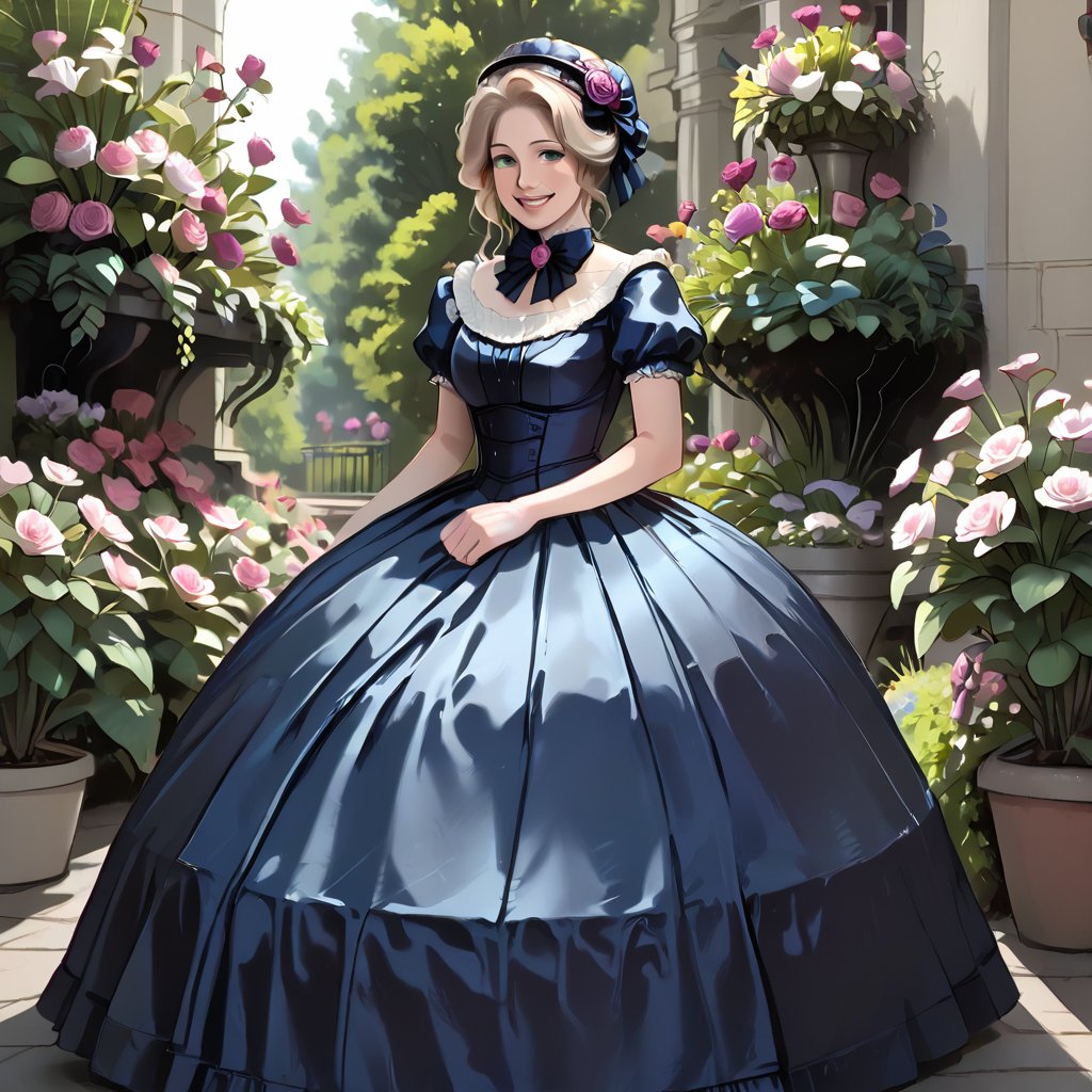 cute victorian woman wearing hoopdress in garden, smile