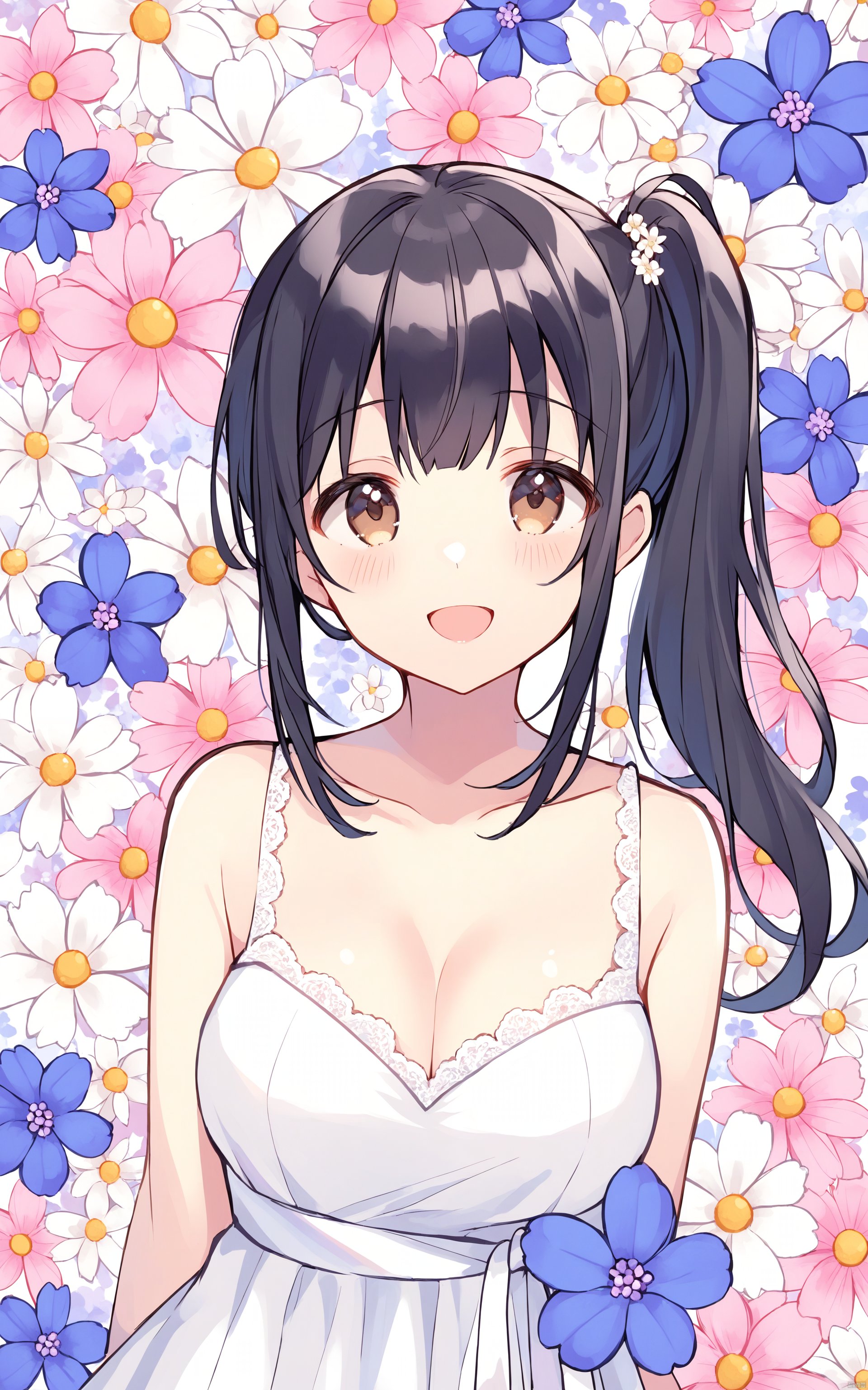 1girl, solo, breasts, flower, cleavage, open mouth, purple flower, collarbone, smile, long hair, looking at viewer, blush, upper body, bangs, brown eyes, dress, white dress, floral background, :d, medium breasts, side ponytail, sidelocks, pink flower, white flower, sleeveless, black hair, blue flower